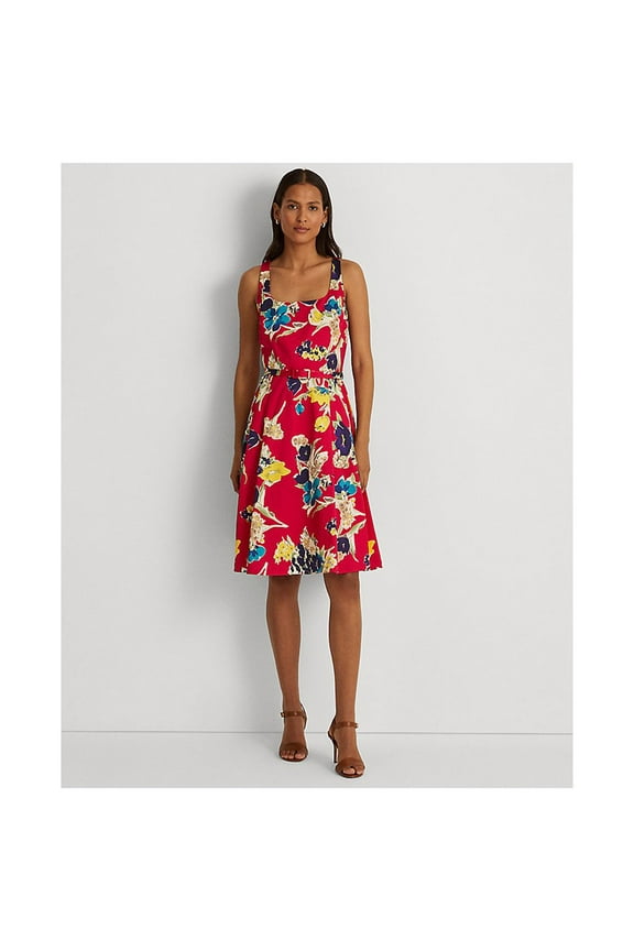 Womens Pink Zippered Belted Pleated Skirt Lined Floral Sleeveless Square Neck Above The Knee Cocktail Fit + Flare Dress 6