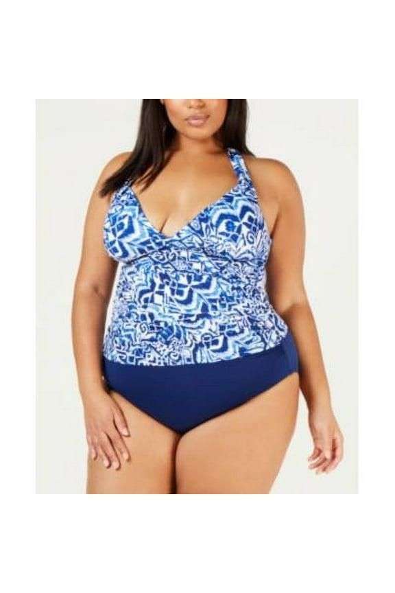 Womens Plus Size Printed Halter Tankini Top,Blue,16W