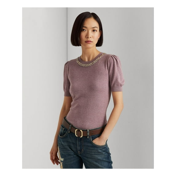 LAUREN RALPH LAUREN Womens Purple Beaded Ribbed Pouf Sleeve Crew Neck Sweater M