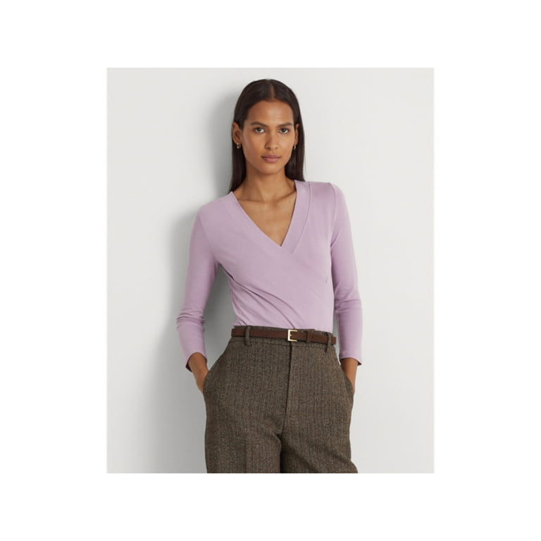 LAUREN RALPH LAUREN Womens Purple Fitted Ruched Left Waist 3/4 Sleeve V  Neck Wear To Work Faux Wrap Top L