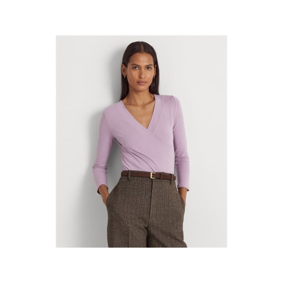 LAUREN RALPH LAUREN Womens Purple Fitted Ruched Left Waist 3/4 Sleeve V Neck Wear To Work Faux Wrap Top S