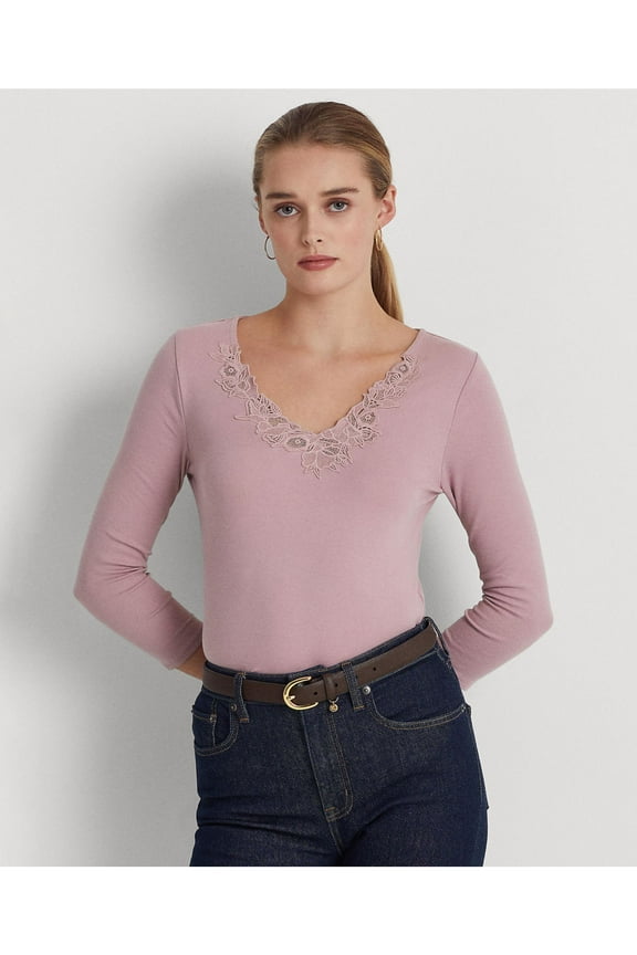 Womens Purple Lace 3/4 Sleeve V Neck Top S