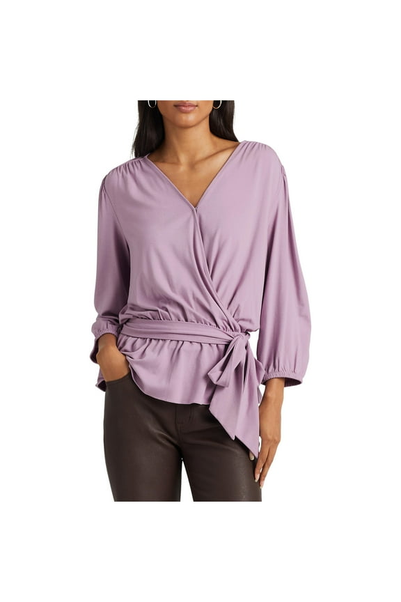 Womens Purple Ruched Tie Elastic Cuffs Hook And Eye Front Blouson Sleeve Surplice Neckline Peplum Top XL