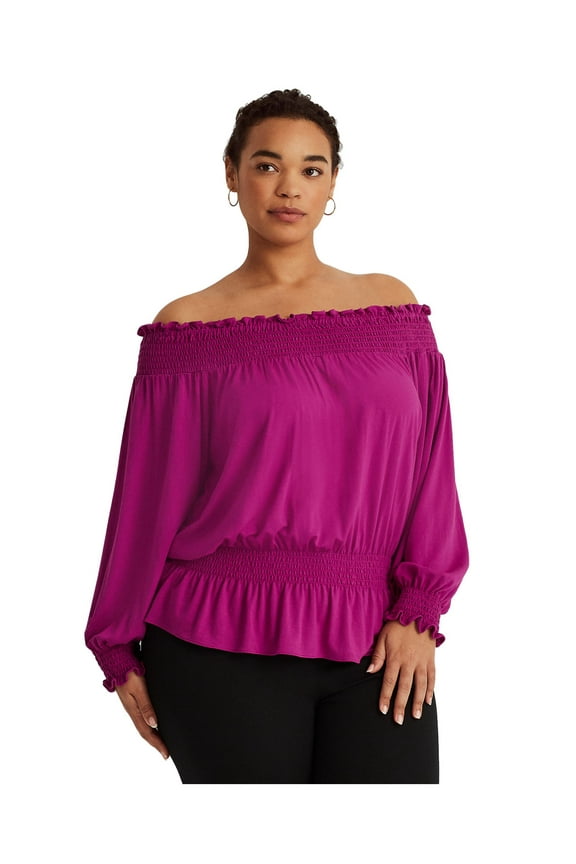 Womens Purple Smocked Blouson Sleeve Off Shoulder Peplum Top Plus 3X