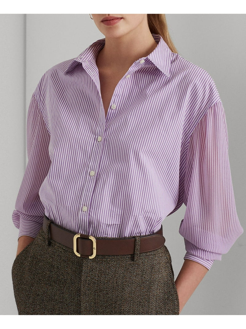 LAUREN RALPH LAUREN Womens Purple Striped Long Sleeve Point