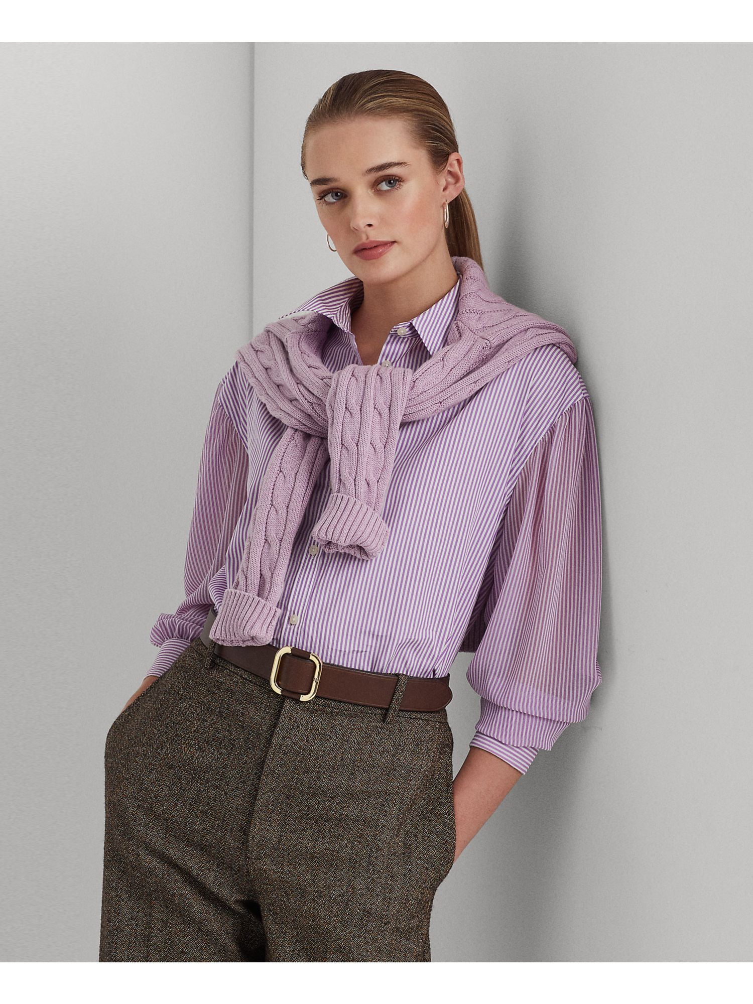 LAUREN RALPH LAUREN Womens Purple Striped Long Sleeve Point Collar Wear To  Work Button Up Top S