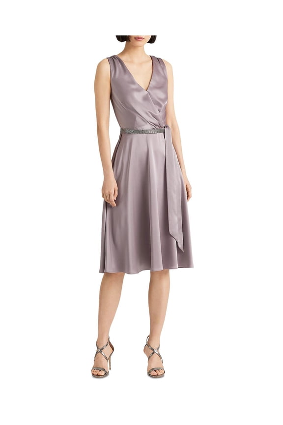 Womens Purple Zippered Pleated Crystal-embellished Tie Belt Sleeveless Surplice Neckline Below The Knee Cocktail Fit + Flare Dress 4