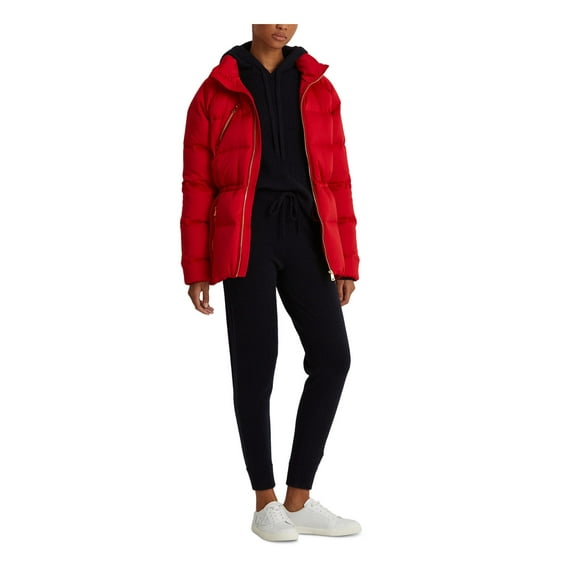 LAUREN RALPH LAUREN Womens Red Zippered Pocketed Stand Collar Cinched Waist Puffer Jacket S