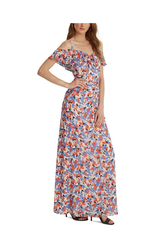 Womens White Cold Shoulder Zippered Sheer Lined Pleated Ruffled Printed Short Sleeve V Neck Full-Length Gown Dress 16