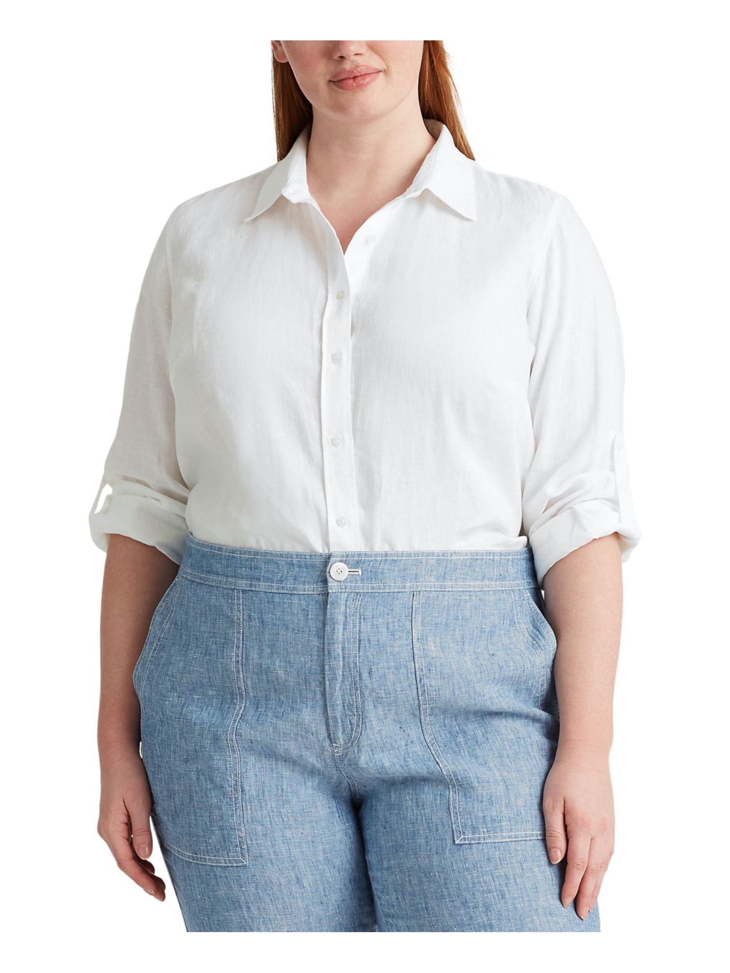 FOXCROFT Womens Pocketed Ombre Roll-tab Sleeve Collared Button Up Top