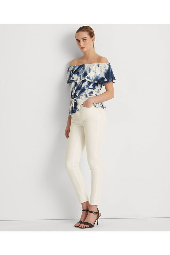 Womens White Ruffled Elasticized Drawcord Waist Tie Dye Short Sleeve Off Shoulder Peplum Top S