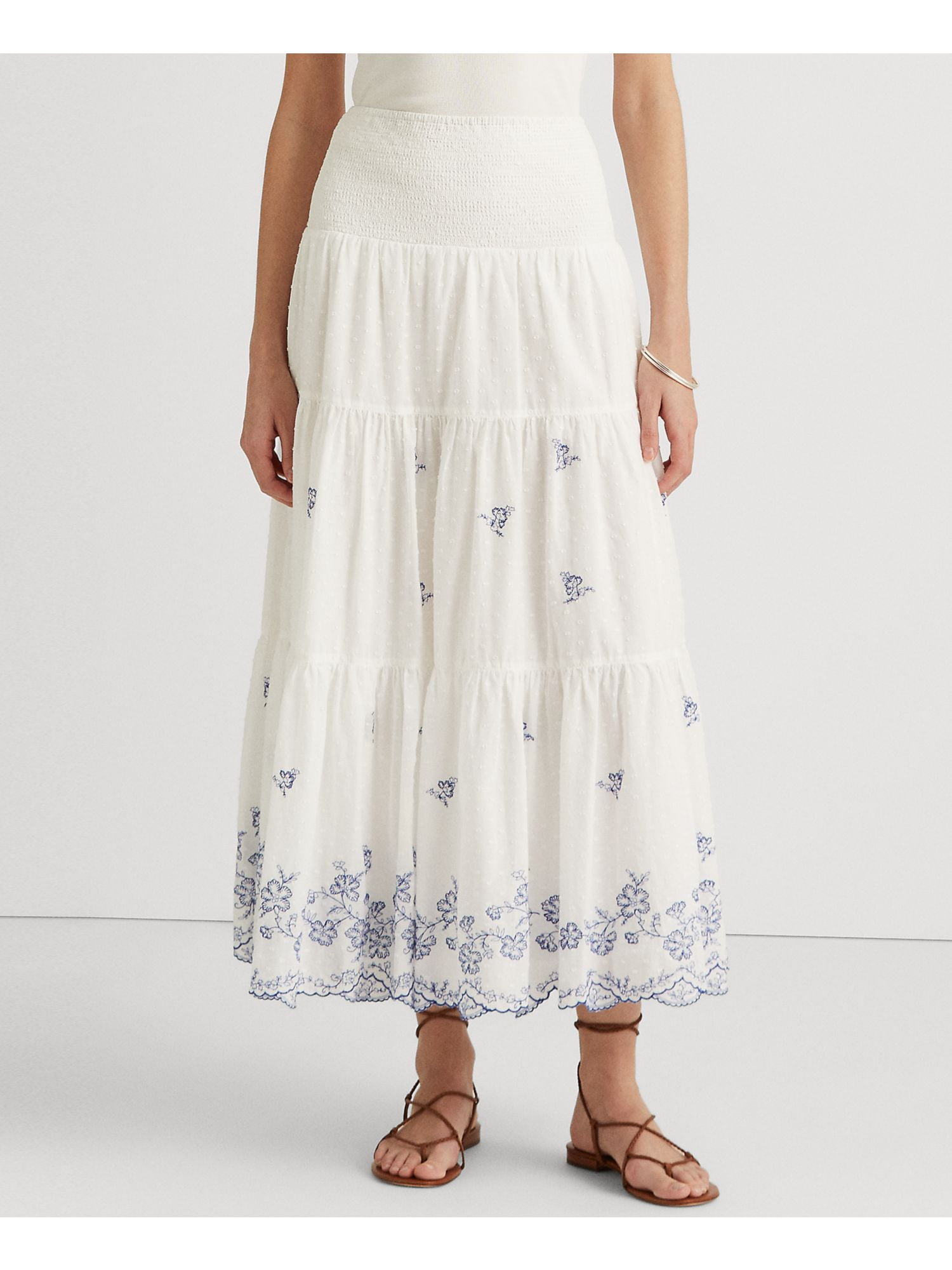 ワンピース RALPH LAUREN Women Mid Skirts 211972694001 WHITE LAUREN RALPH LAUREN Womens White Smocked Embroidered Clip