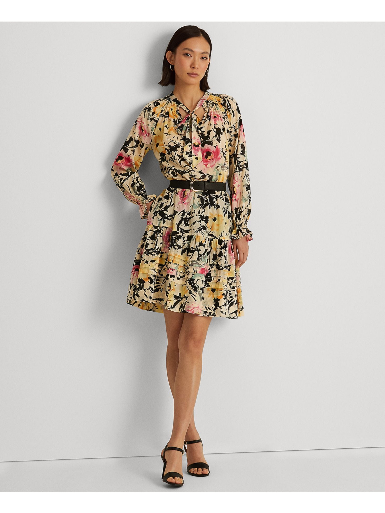 LAUREN RALPH LAUREN Womens White Tie Smocked Floral Long Sleeve Keyhole Above The Knee Wear To Work Fit Flare Dress 16 Walmart