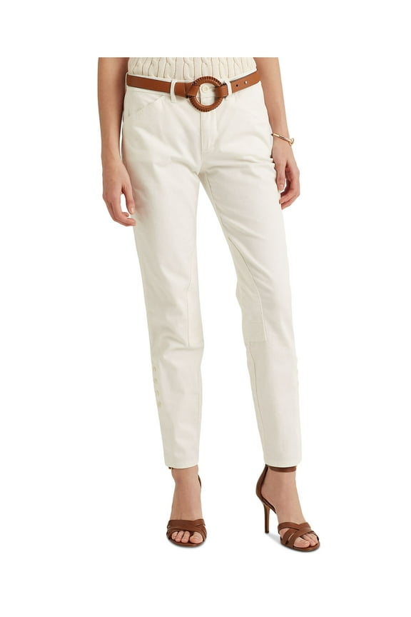 Womens White Zippered Pocketed Knee Patches Button Cuffs Skinny Pants Petites 12P