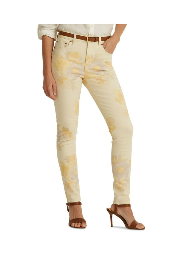 Womens Yellow Zippered Pocketed Skinny Ankle Floral High Waist Jeans 16