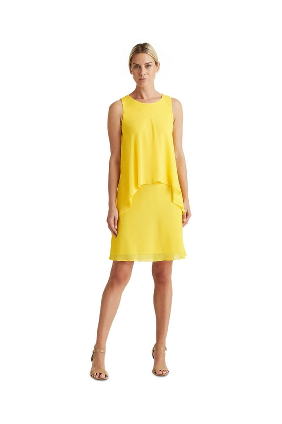 Womens Yellow Zippered Tiered Sleeveless Jewel Neck Above The Knee Shift Dress 12