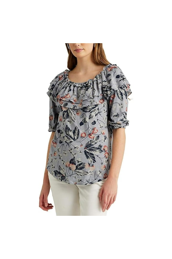 Floral Linen Jersey Off the Shoulder Top M Medium