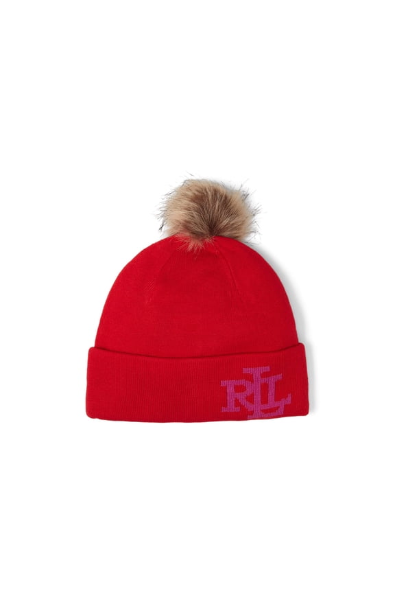 Knit Logo Beanie with Pom-Pom Red/Bright Fuchsia One Size