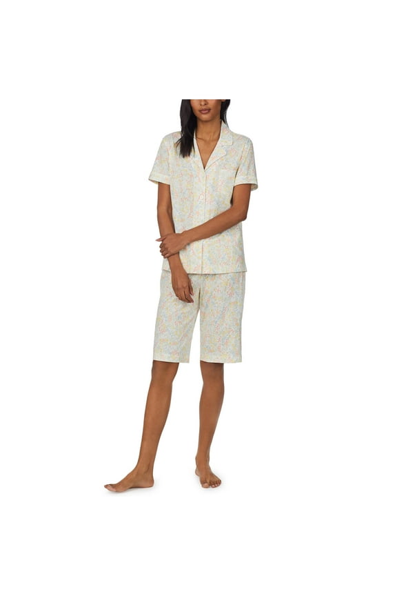Short Sleeve Notch Collar Bermuda PJ Set Small Floral MD (US 8-10)