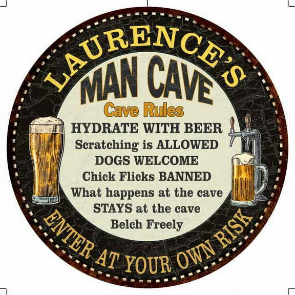 LAURENCE'S Man Cave Rules 14" Round Metal Sign Garage Wall Decor 100140010473