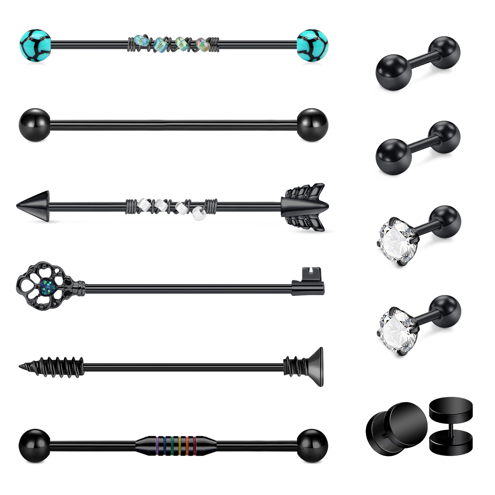 LAURITAMI 14G Black Stainless Steel Industrial Barbell Earring
