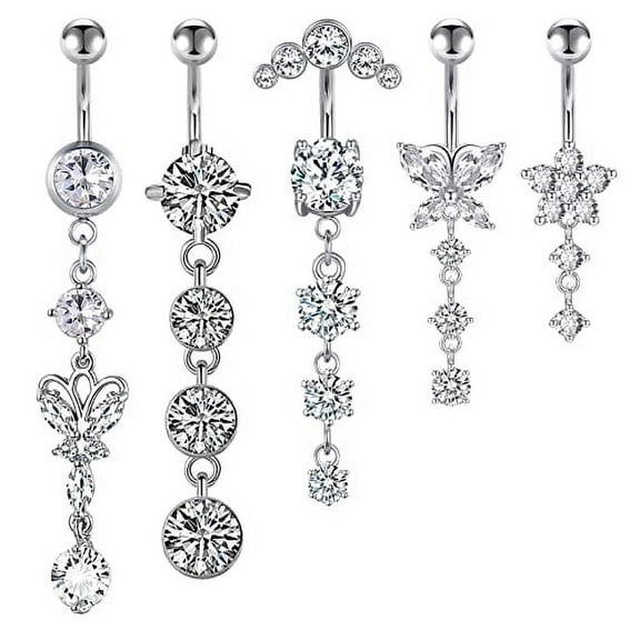Briana Williams Dangling Silver CZ Stainless Steel Belly Button Piercing Ring, 0.39 in, 5 Piece