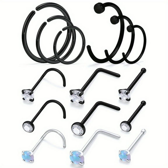 LAURITAMI 15Pcs 20G Nose Rings Surgical Steel Nose Rings Hoops Studs Diamond Piercing Jewelry Multicolor