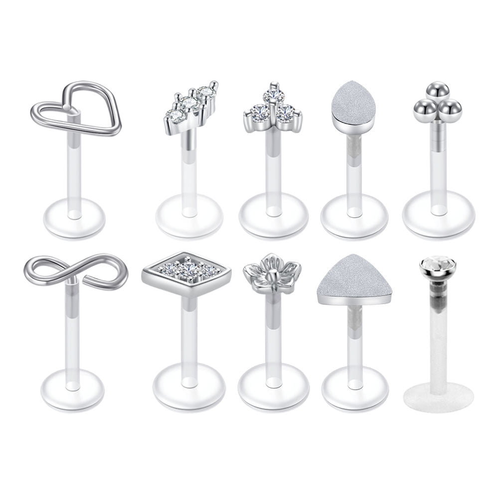 LAURITAMI 16G 10Pcs Clear Lip Rings Studs Plastic Cartilage Tragus