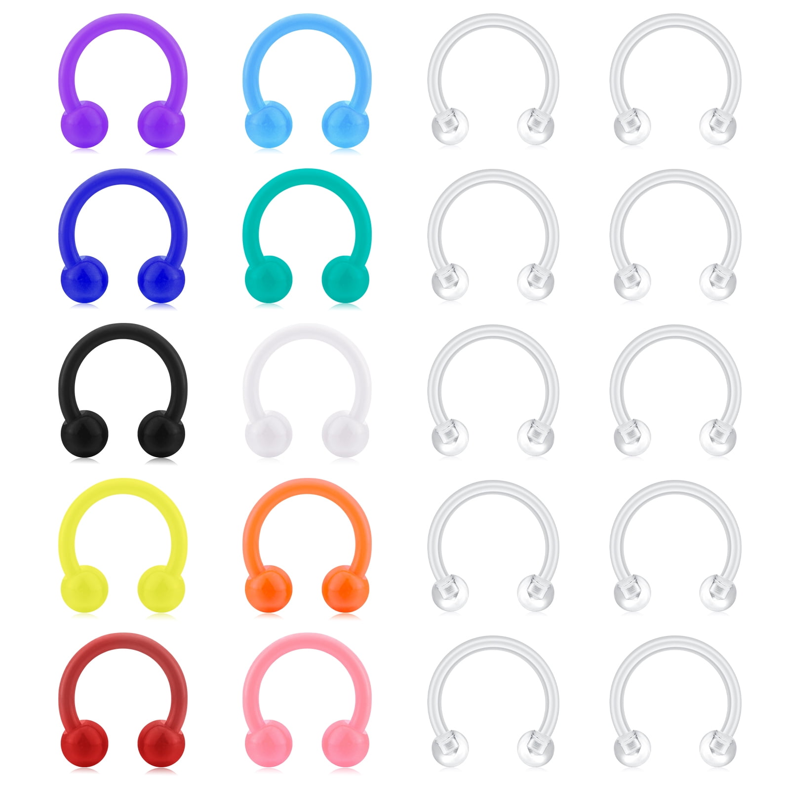 LAURITAMI 16G 20Pcs Clear Multicolor Septum Nose Rings Retainers Flexible Acrylic UShaped