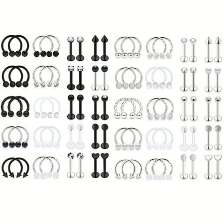 LAURITAMI 16G 80Pcs Lip Rings Stainless Steel Horseshoe Labret Monroe Lip Rings Septum Ring