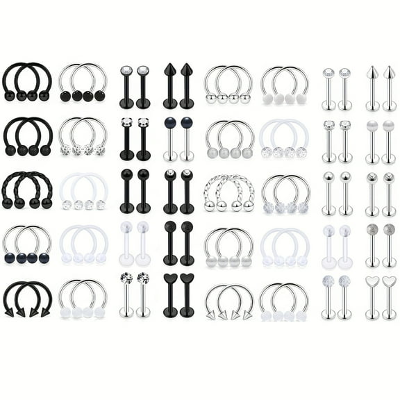 LAURITAMI 16G 80Pcs Lip Rings Stainless Steel Horseshoe Labret Monroe Lip Rings Septum Ring