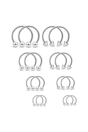 16Pcs 16G Surgical Steel Nose Septum Horseshoe Hoop Lip Piercing Ring Balls & Spikes 6-12Mm