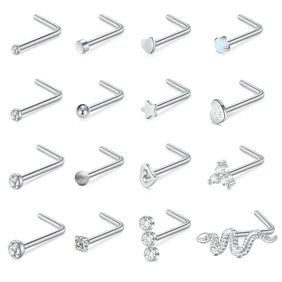 LAURITAMI 16Pcs Surgical Steel 20G Nose Rings Studs L-Shape Nose Nostrial Piercing Body Jewerly Nose Studs