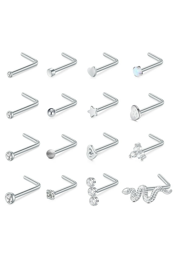 16Pcs Surgical Steel 20G Nose Rings Studs L-Shape Nose Nostrial Piercing Body Jewerly Nose Studs