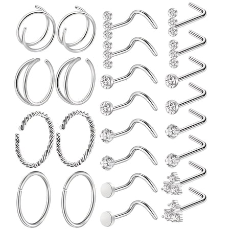 LAURITAMI 18G 24Pcs Nose Rings Hoops Surgical Steel Nose Rings Studs For Nose Piercings