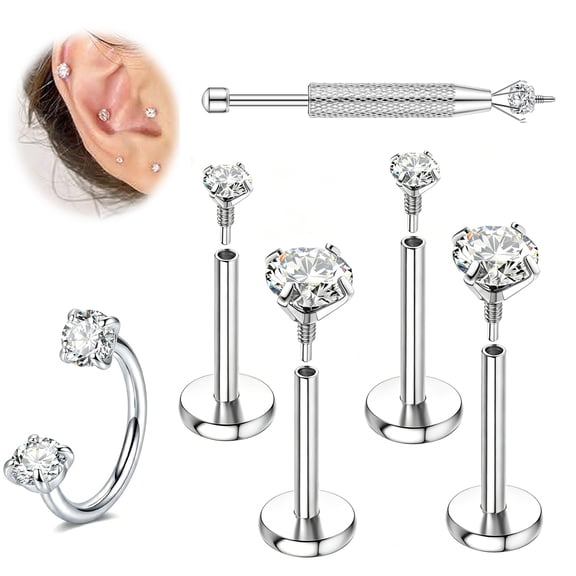 LAURITAMI 18G Flat Back Earrings Hypoallergenic-Threadless Nose Rings Studs for Women Men Surgical Steel Cartilage Helix Tragus Labret Piercing Jewelry Kit Taper Ball Grabber Tool