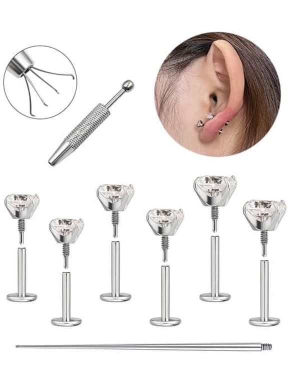 18G Flat Back Stud Earrings for Women Hypoallergenic Surgical Steel Internal Thread Tragus Cartilage Conch Nose Piercing Jewelry Be Equipped With Piercing Ball Grabber Tool
