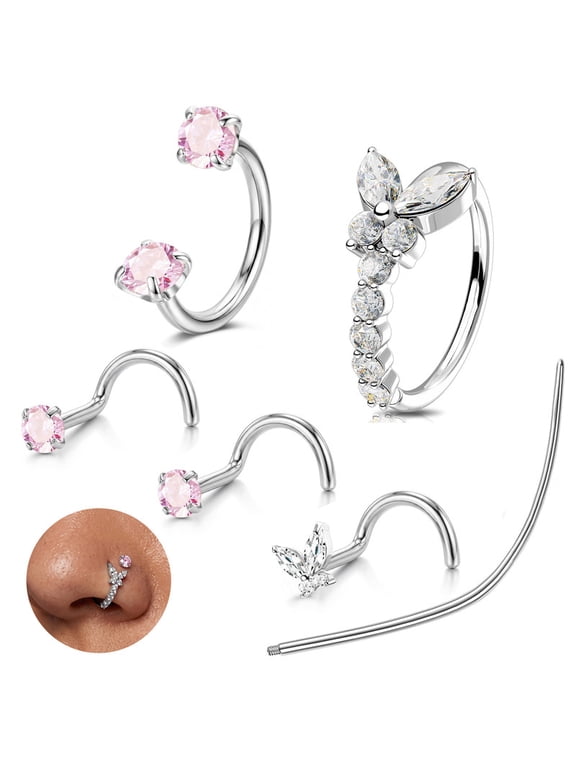 18G Horseshoe Hoops Nose Rings Studs for Women Hypoallergenic Stainless Threaded Butterfly Nose Piercings with Tapper Tools