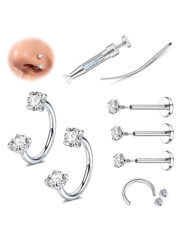 LAURITAMI 18G Horseshoe Nose Ring Flat Back Earrings with Internal Threaded Piercing Taper and Grabber Tool Lip Ring Tragus Cartilage Earring for Women Men