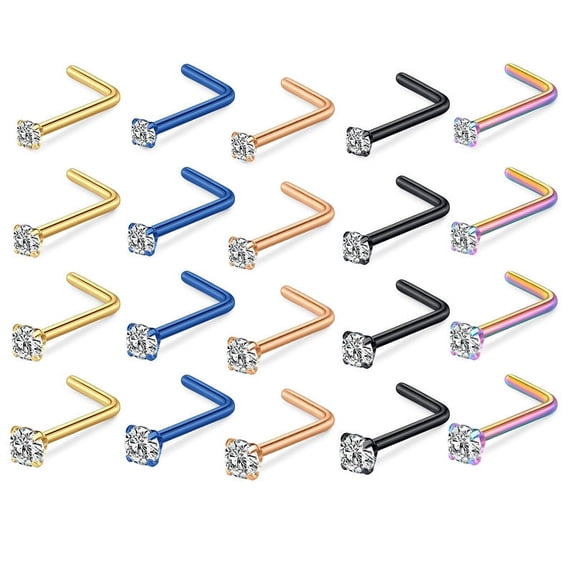 LAURITAMI 18g 20g Stainless Steel L Screw Nose Rings for Women Men Zirconium