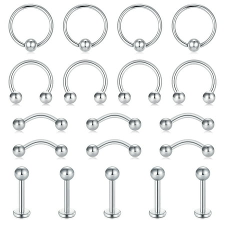 LAURITAMI 19Pcs 16G Black Surgical Steel Horseshoe Nose Septum Lip Rings Eyebrow Rings Piercing Jewelry