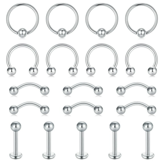 LAURITAMI 19Pcs 16G Black Surgical Steel Horseshoe Nose Septum Lip Rings Eyebrow Rings Piercing Jewelry