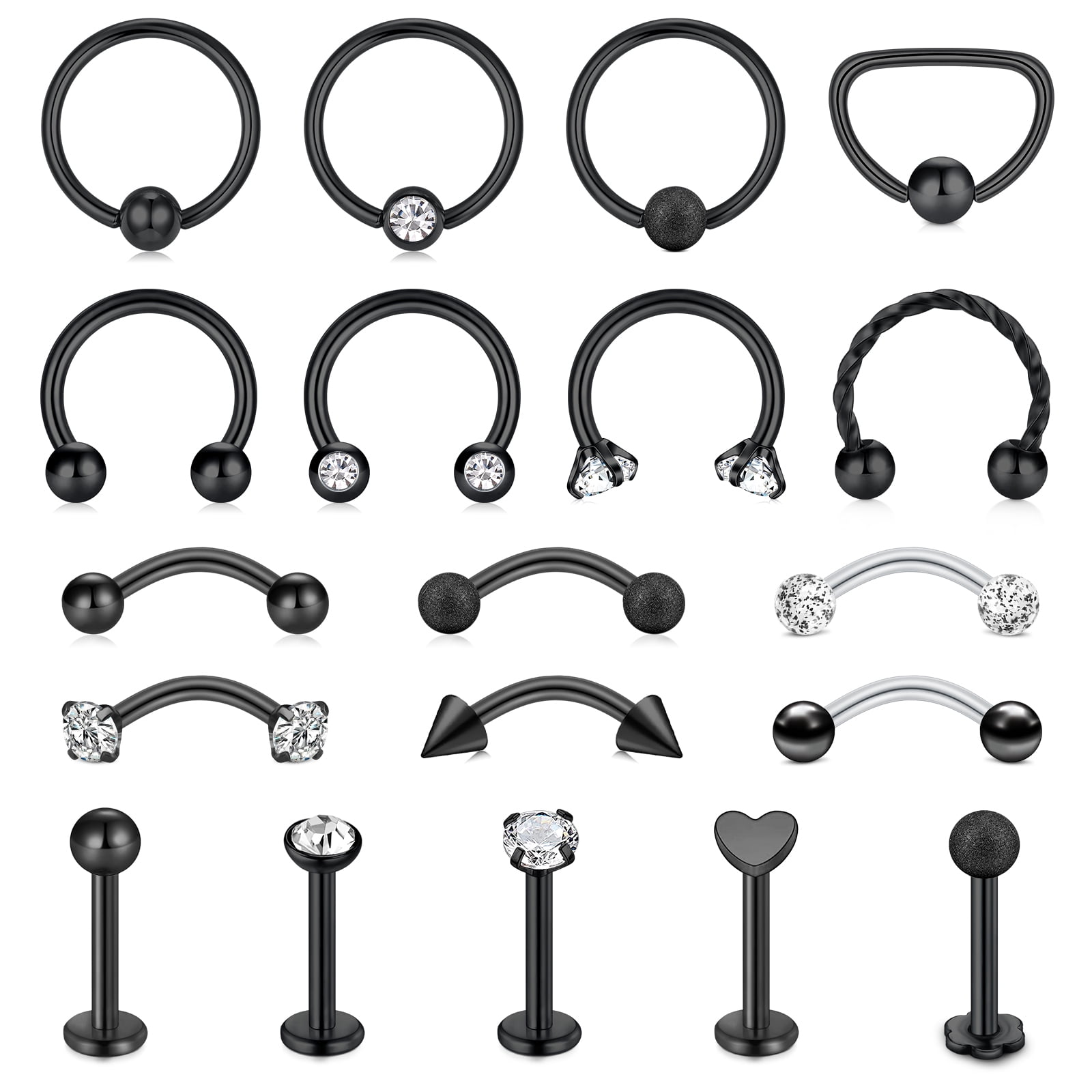 LAURITAMI 19Pcs 16G Black Surgical Steel Horseshoe Nose Septum Lip