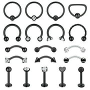 LAURITAMI 19Pcs 16G Black Surgical Steel Horseshoe Nose Septum Lip Rings Eyebrow Rings Piercing Jewelry