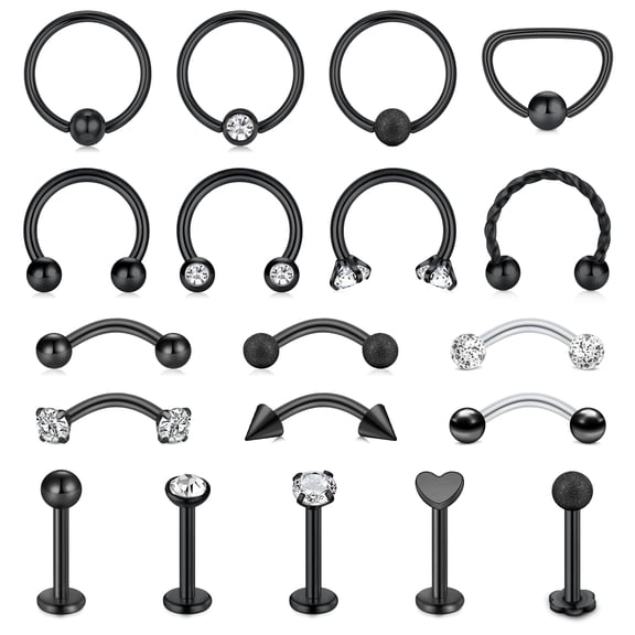 LAURITAMI 19Pcs 16G Black Surgical Steel Horseshoe Nose Septum Lip Rings Eyebrow Rings Piercing Jewelry