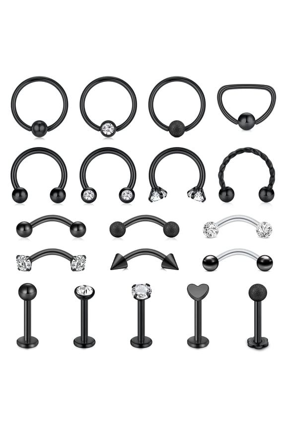 19Pcs 16G Black Surgical Steel Horseshoe Nose Septum Lip Rings Eyebrow Rings Piercing Jewelry