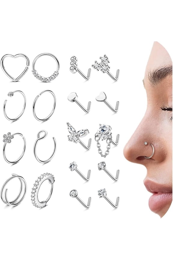20g Hypoallergenic Stainless Steel Nose Rings Hoop L Shape Nose Studs Cute Heart Square CZ Nose Bone Screw Nostril Piercing Jewelry for Women Men Silver