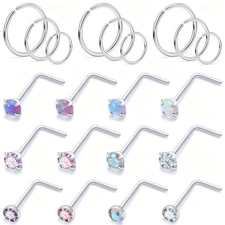 LAURITAMI 21Pcs 20G silver Nose Piercing Jewelry L Shaped Nose Rings Hoop Stainless Steel