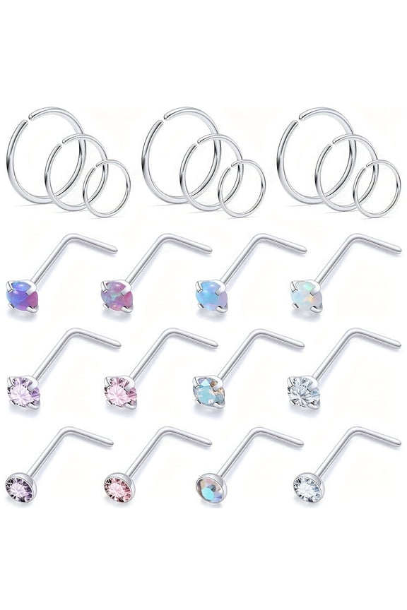 21Pcs 20G silver Nose Piercing Jewelry L Shaped Nose Rings Hoop Stainless Steel