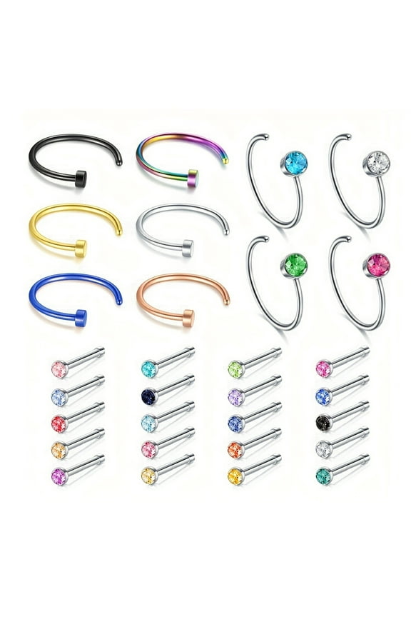 22G 30Pcs Nose Ring Hoop Surgical Steel Nose Rings Studs Screw For Women